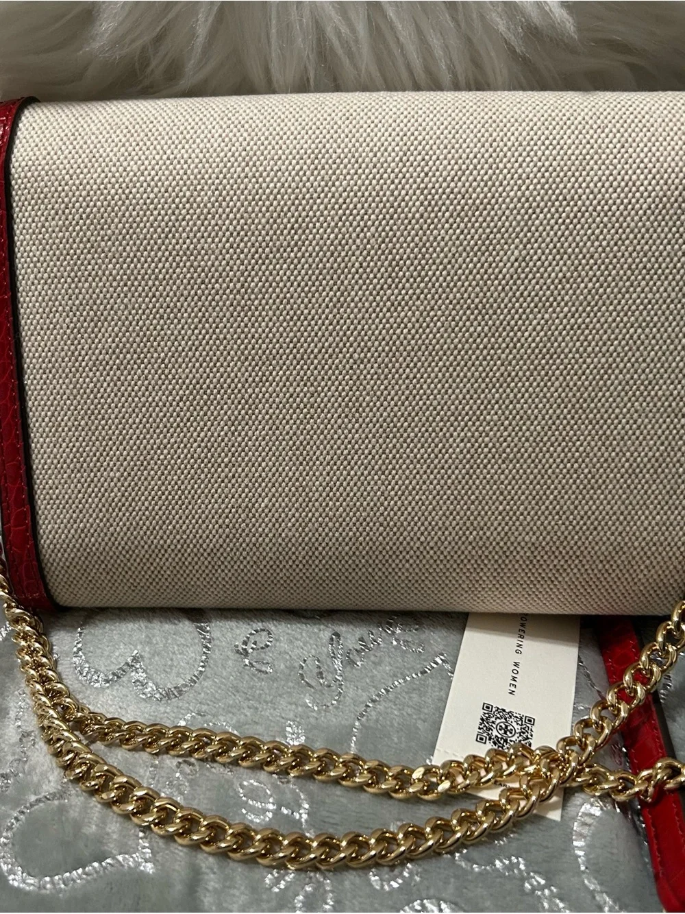 NWT Tory Burch Eleanor, Small, White/Red Convertible canvas bag w/Gold Chain